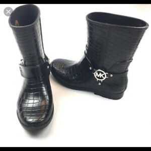 Michael Kors Black Croc Embossed Rubber Rain Boots